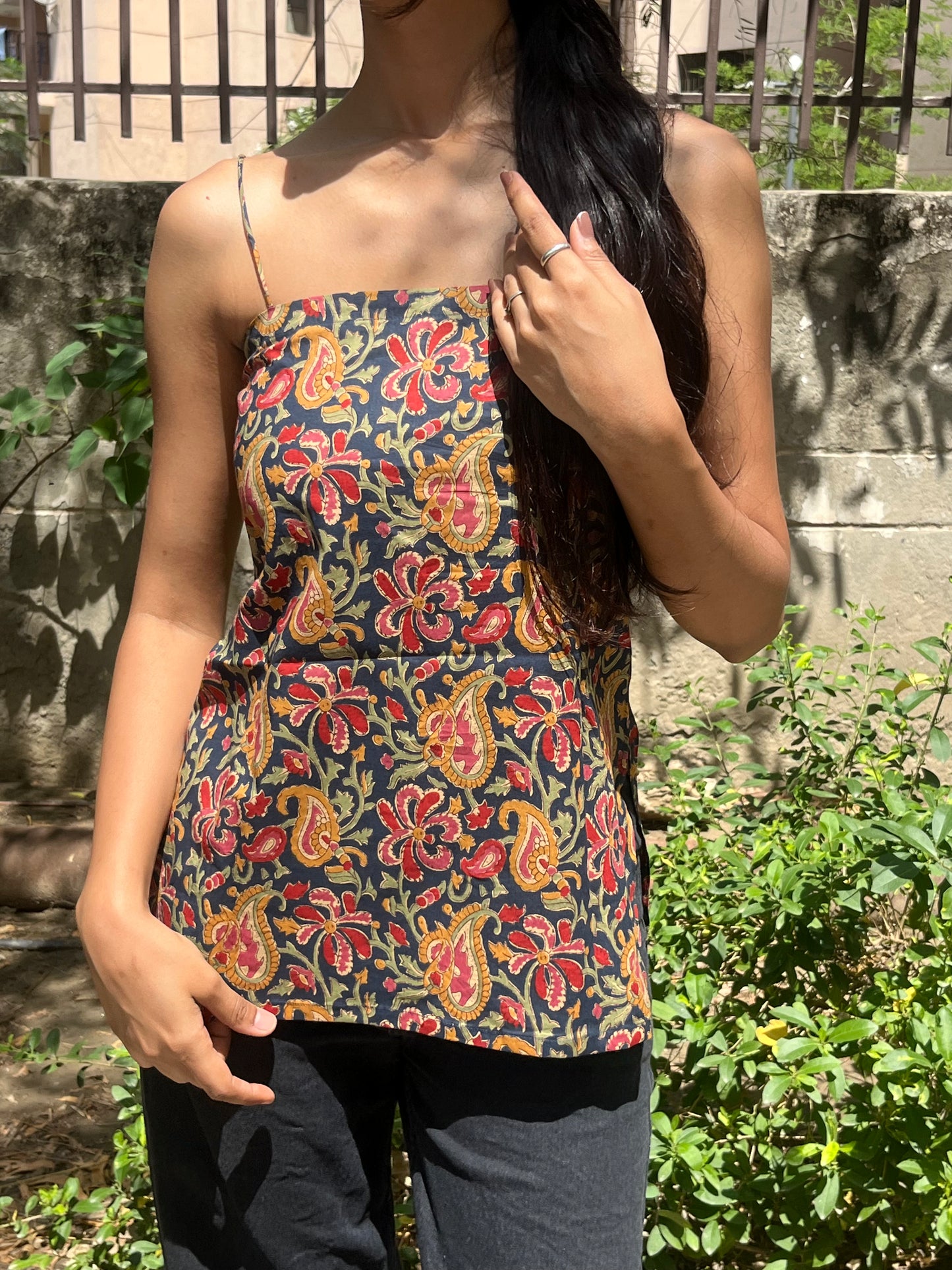 Dark Navy Blue Kalamkari Floral Print Cotton Spaghetti Top for Women