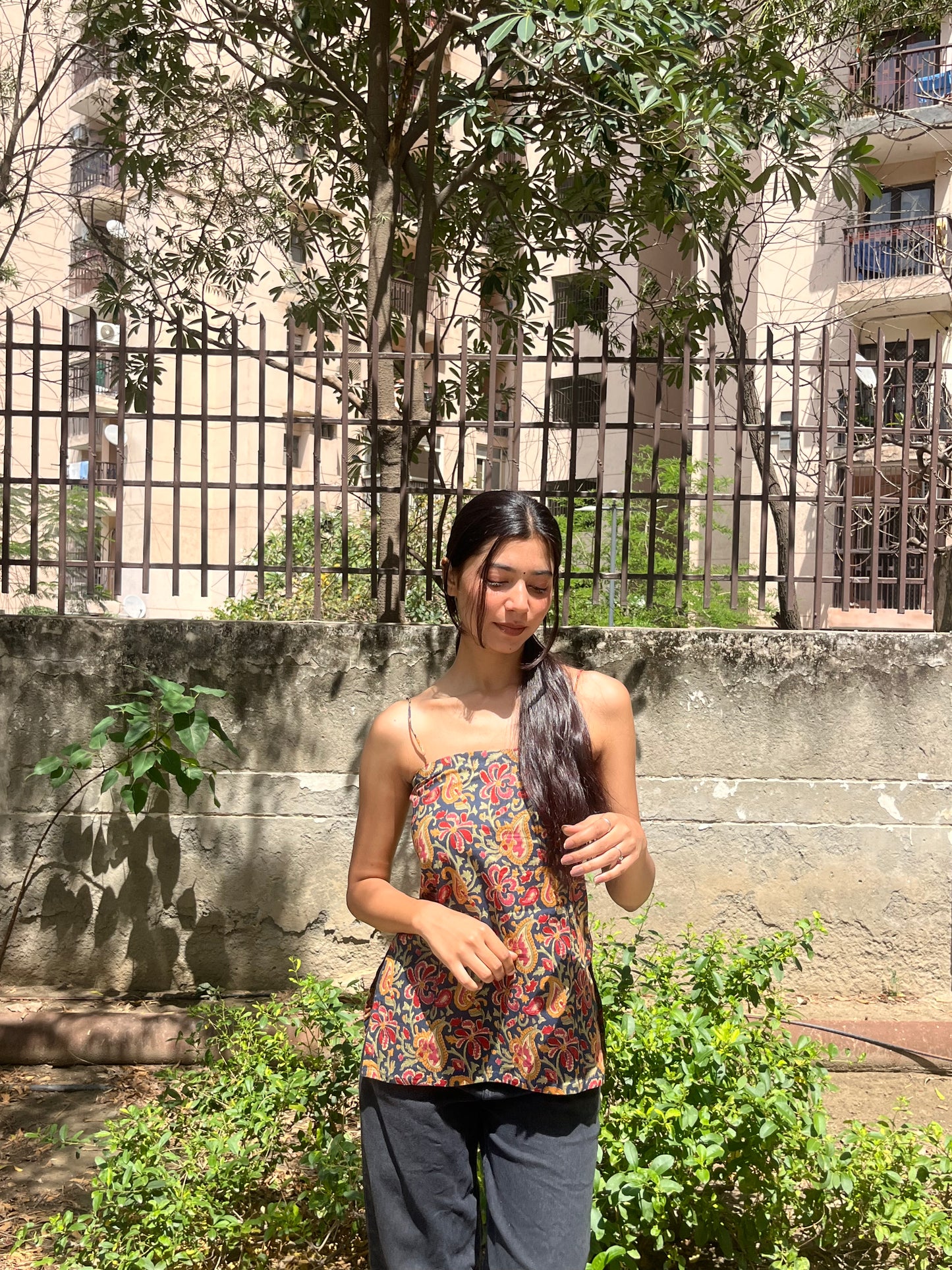 Dark Navy Blue Kalamkari Floral Print Cotton Spaghetti Top for Women