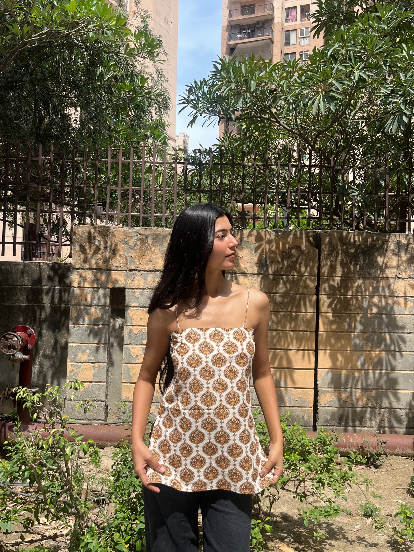 Ivory Mughal Buta Print Cotton Spaghetti Top for Women