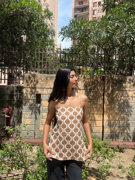Ivory Mughal Buta Print Cotton Spaghetti Top for Women