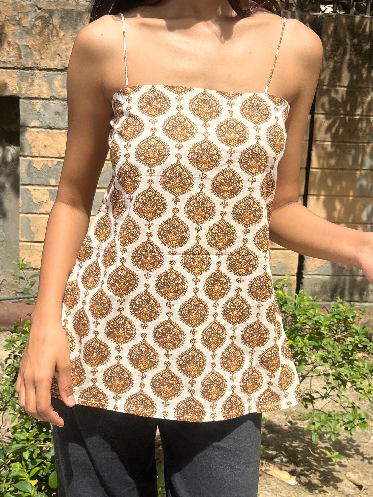 Ivory Mughal Buta Print Cotton Spaghetti Top for Women