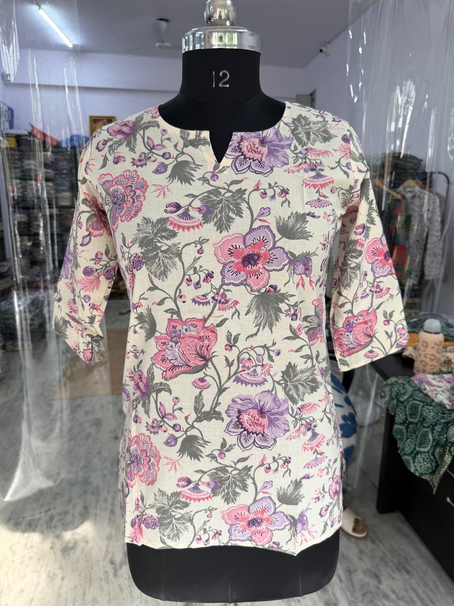 White Pink Floral Printed Women's Cotton Short Kurti Top