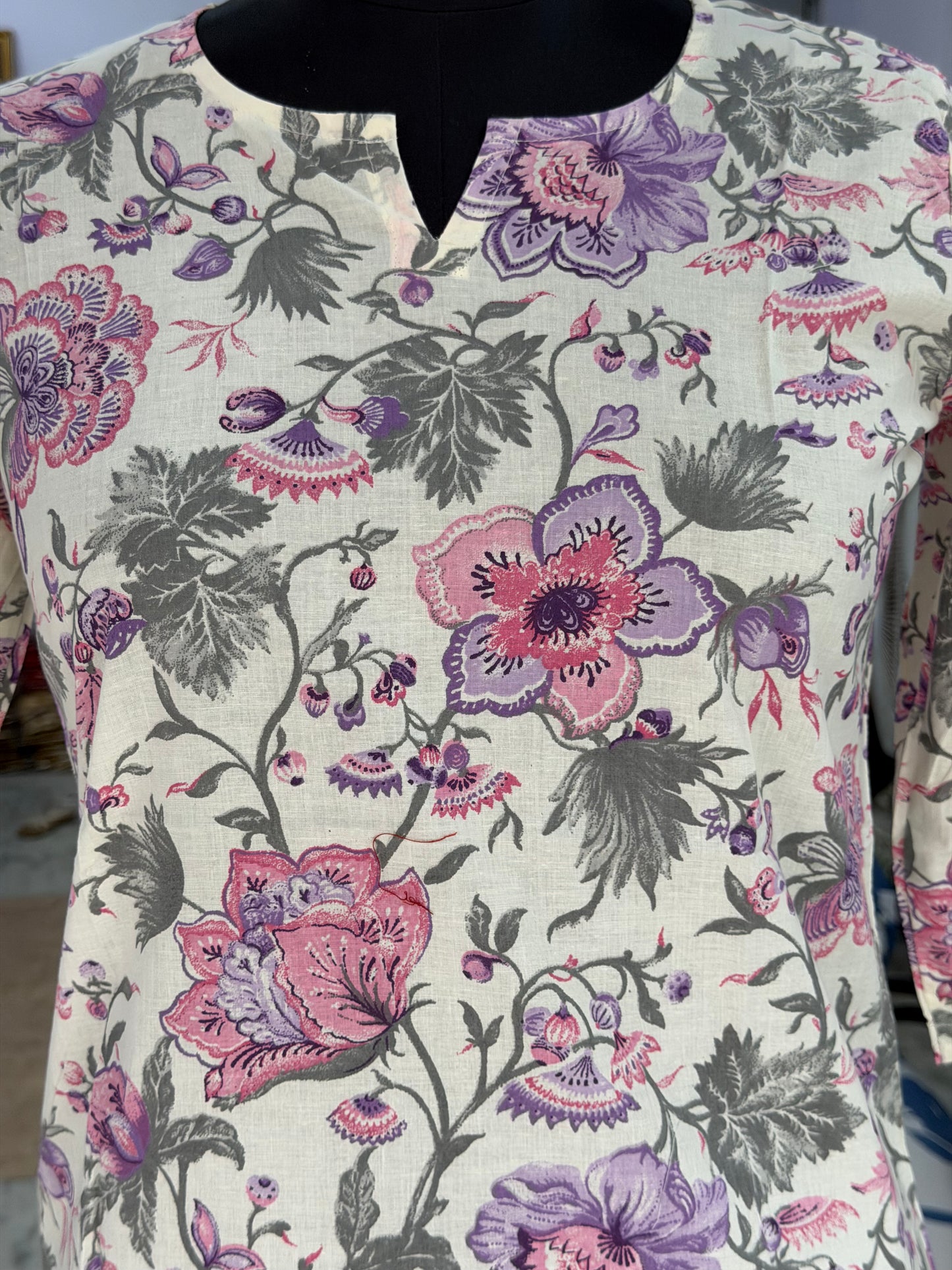 White Pink Floral Printed Women's Cotton Short Kurti Top