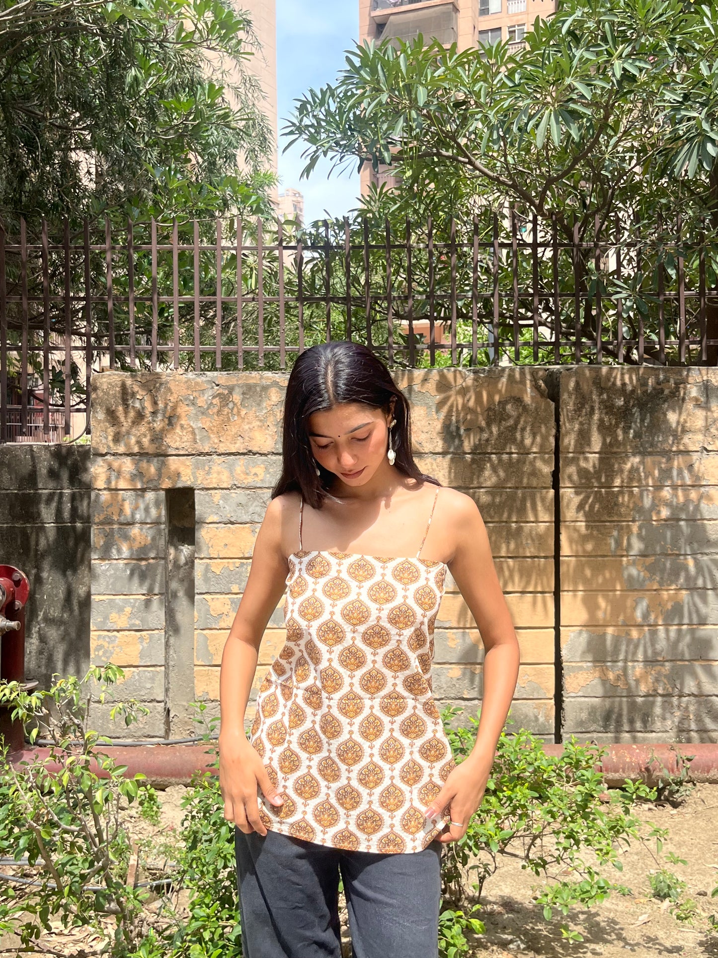 Ivory Mughal Buta Print Cotton Spaghetti Top for Women