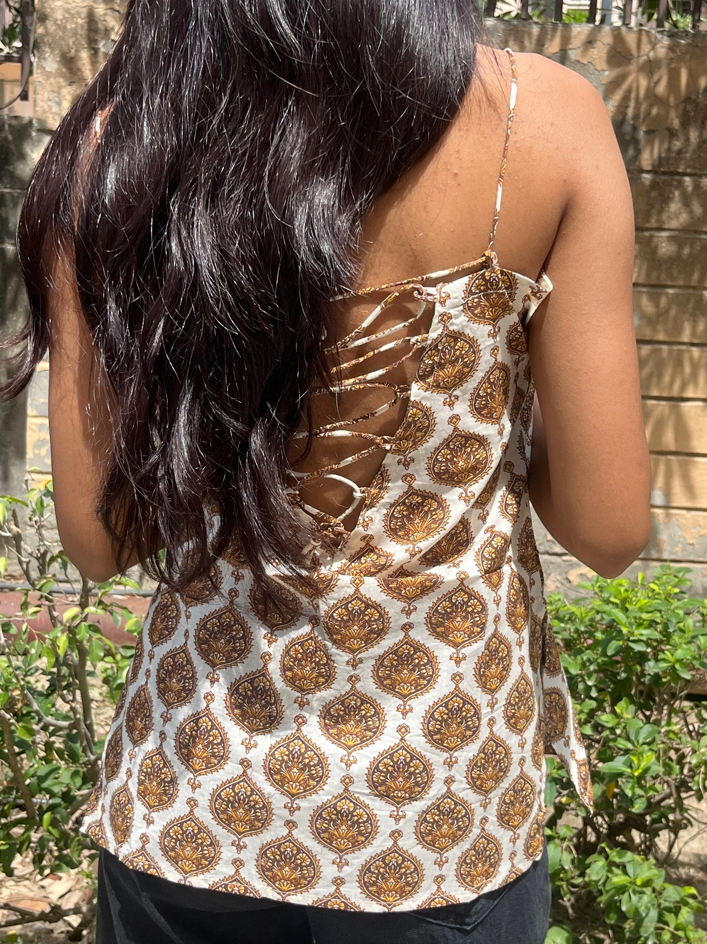 Ivory Mughal Buta Print Cotton Spaghetti Top for Women