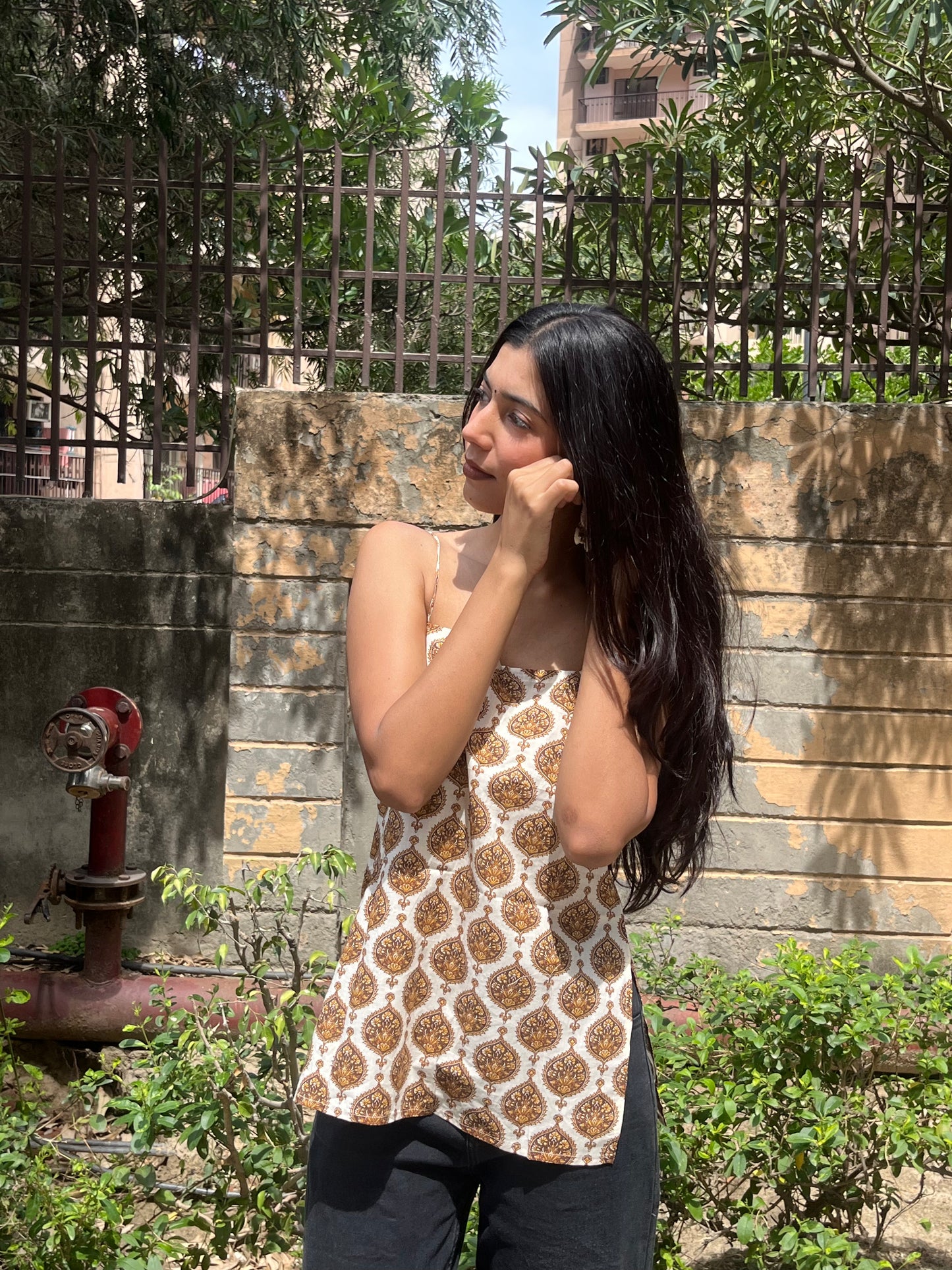 Ivory Mughal Buta Print Cotton Spaghetti Top for Women