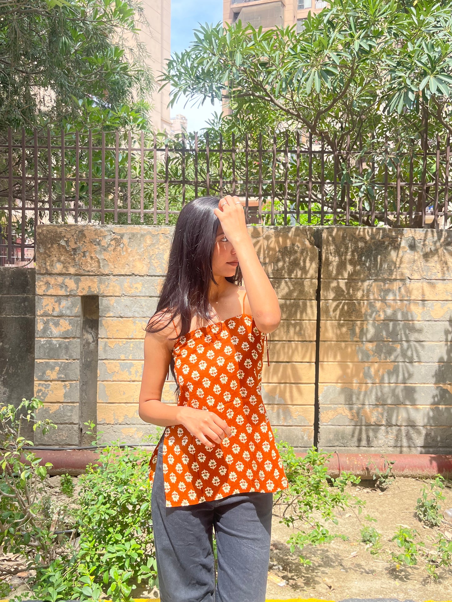 Rust Orange Floral Buta Print Cotton Spaghetti Top for Women