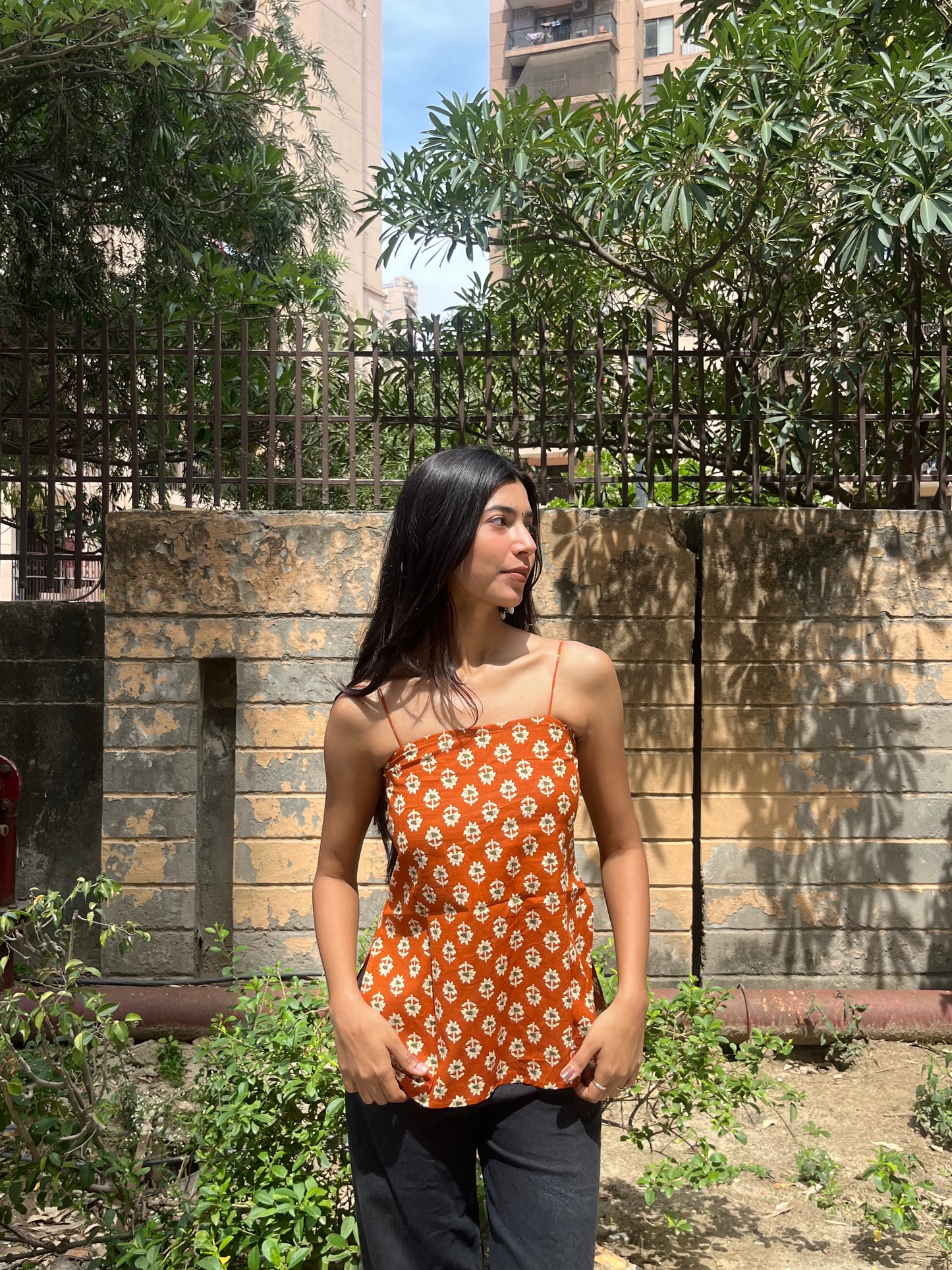 Rust Orange Floral Buta Print Cotton Spaghetti Top for Women