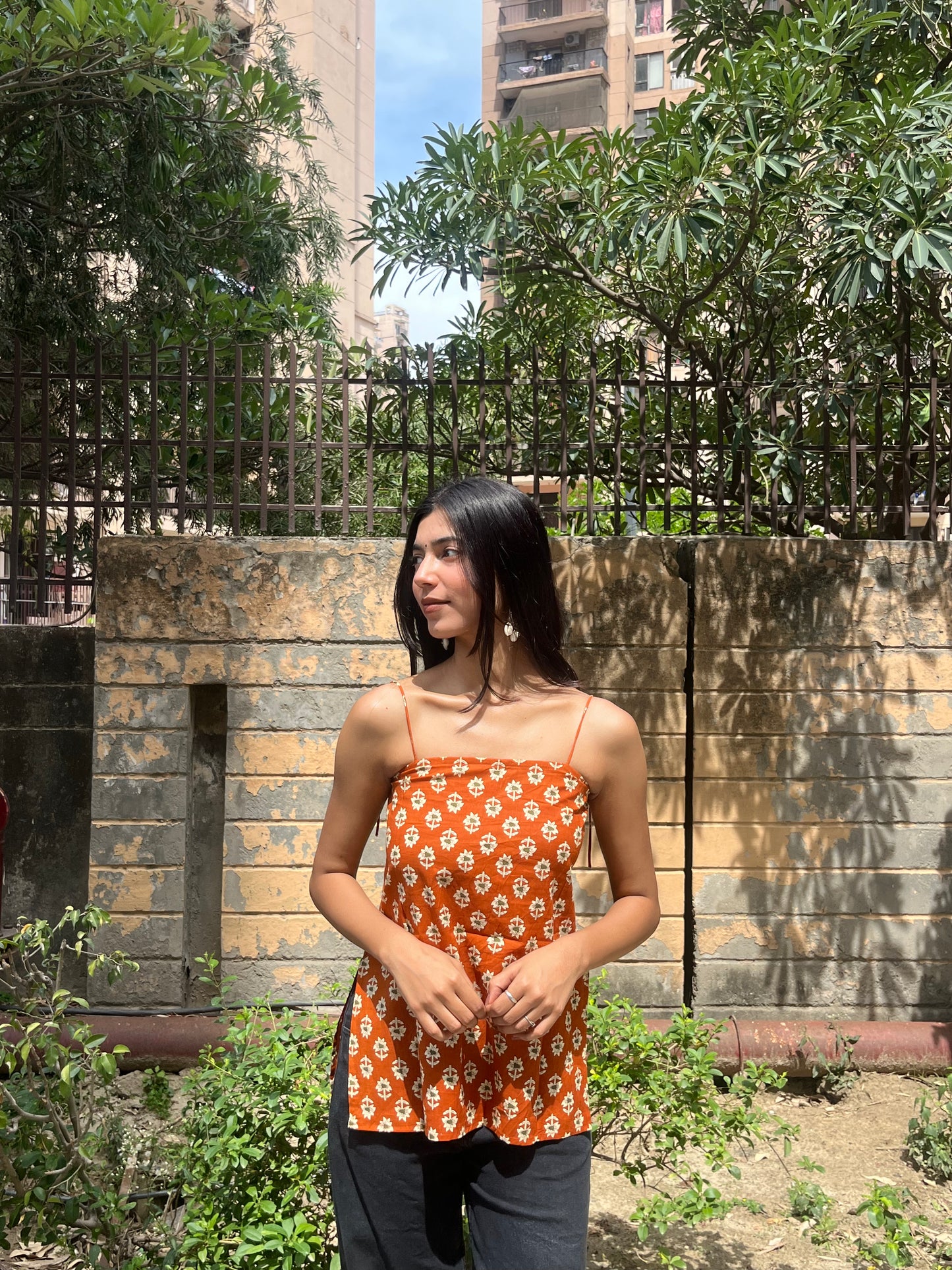 Rust Orange Floral Buta Print Cotton Spaghetti Top for Women