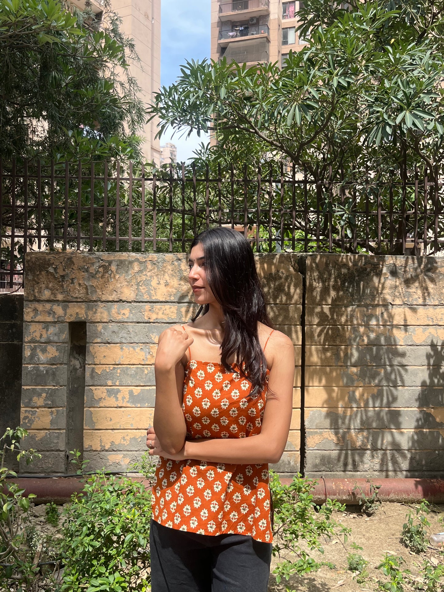 Rust Orange Floral Buta Print Cotton Spaghetti Top for Women