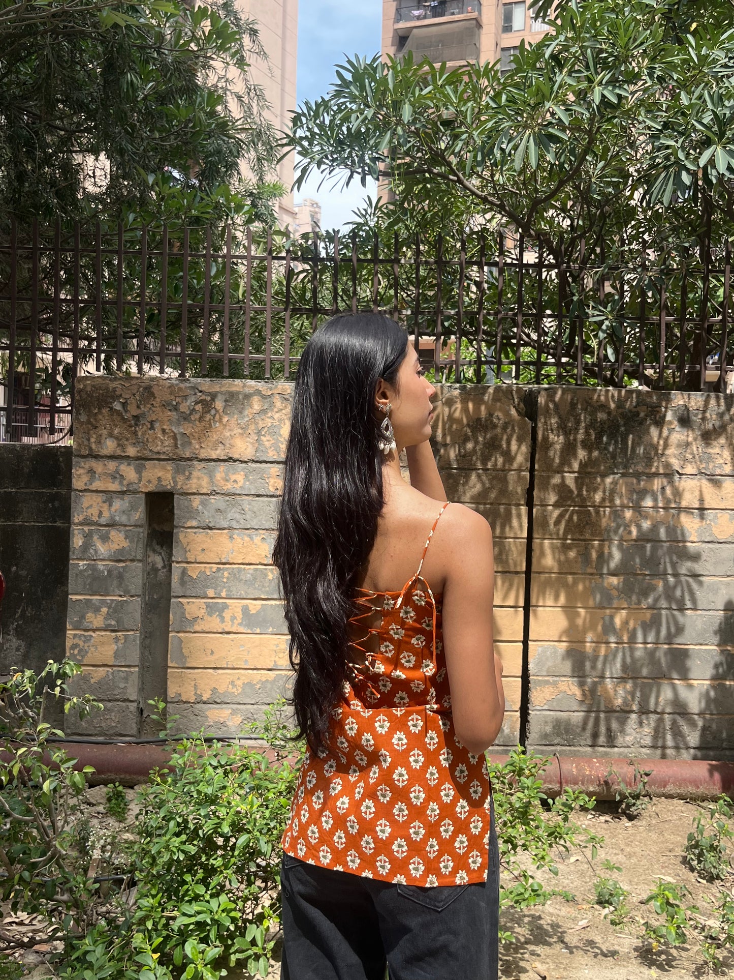 Rust Orange Floral Buta Print Cotton Spaghetti Top for Women