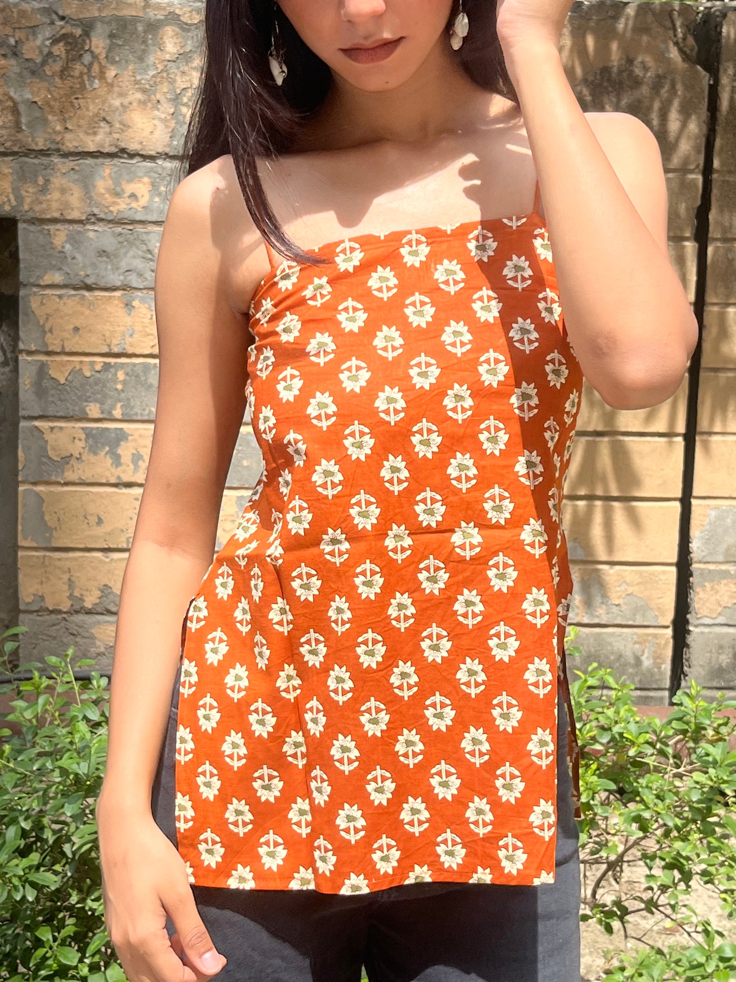 Rust Orange Floral Buta Print Cotton Spaghetti Top for Women