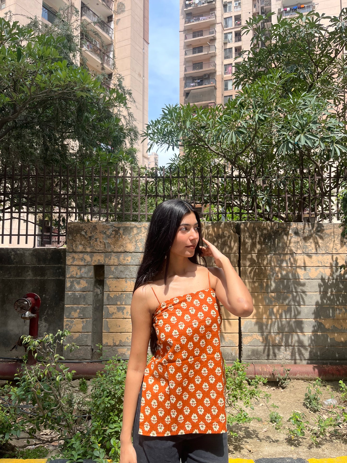 Rust Orange Floral Buta Print Cotton Spaghetti Top for Women
