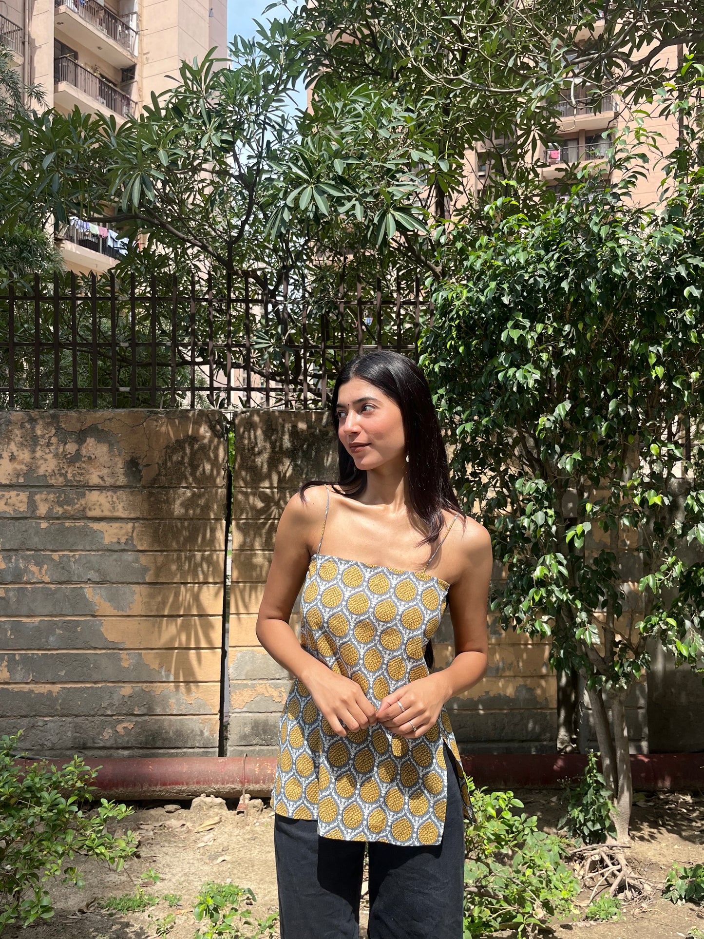 Grey Yellow Pineapple Buta Print Cotton Spaghetti Top for Women
