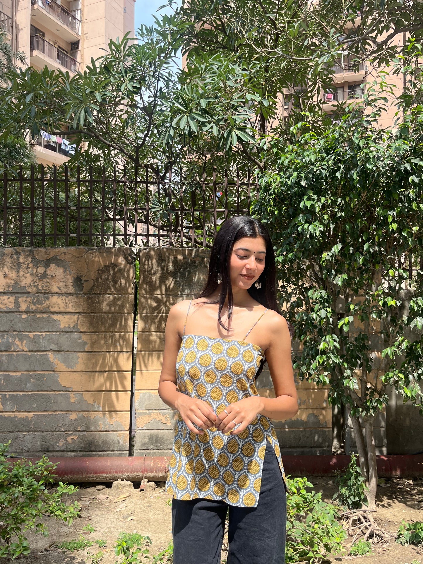 Grey Yellow Pineapple Buta Print Cotton Spaghetti Top for Women