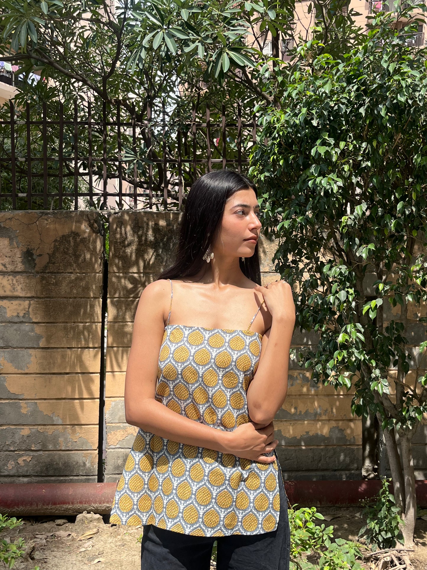 Grey Yellow Pineapple Buta Print Cotton Spaghetti Top for Women