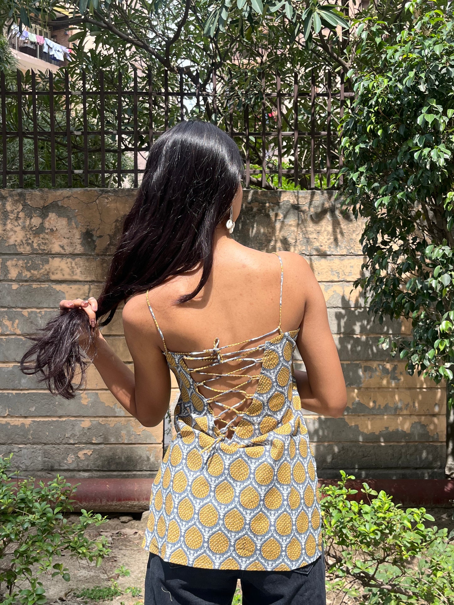 Grey Yellow Pineapple Buta Print Cotton Spaghetti Top for Women