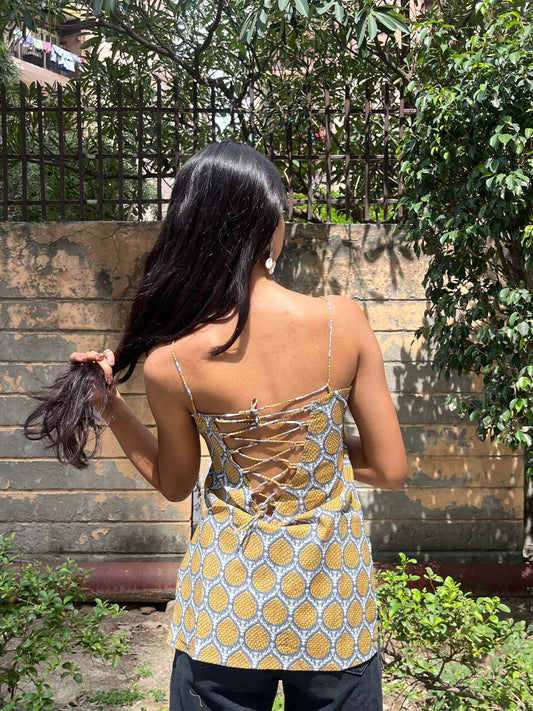 Grey Yellow Pineapple Buta Print Cotton Spaghetti Top for Women