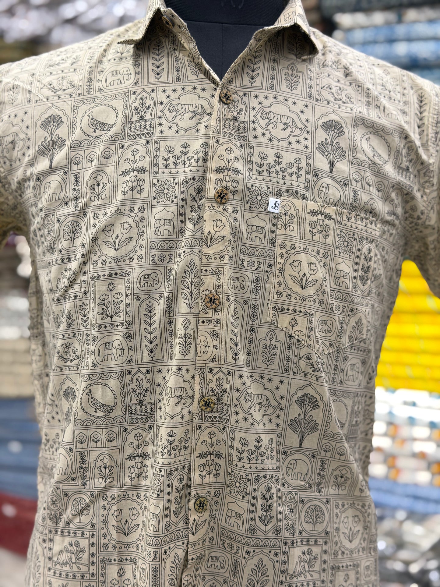 Beige Figure Heritage Printed Mens Half Sleeves Shirt