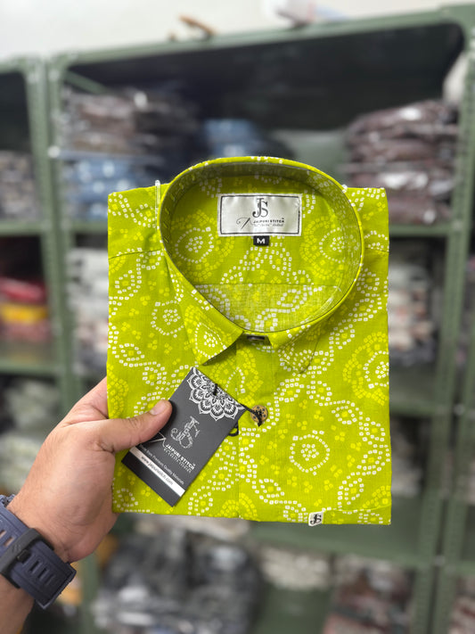 New Lime Bandhani/Bandhej  Printed Mens Half Sleeves Cotton Shirt
