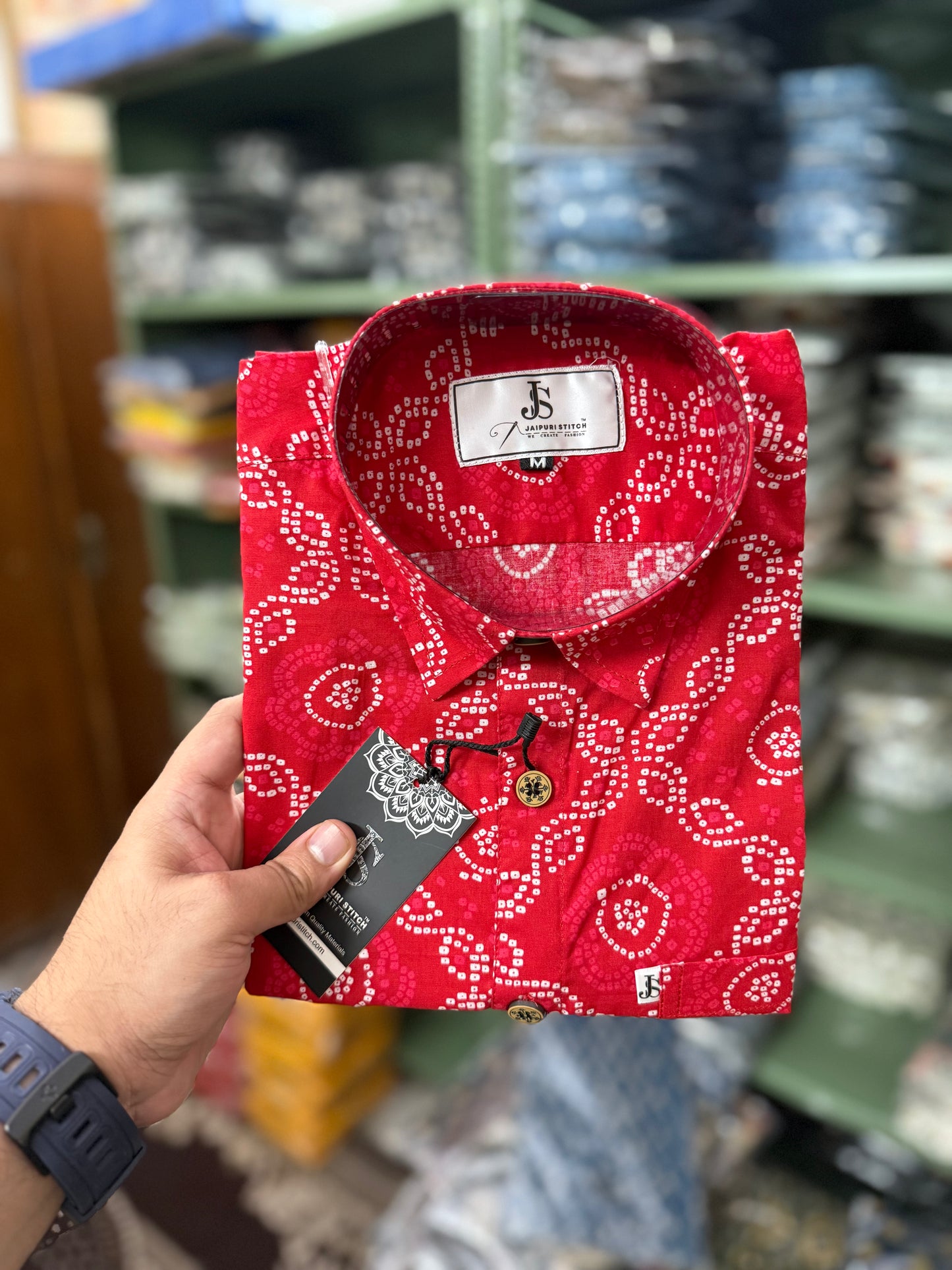 New red Bandhani/Bandhej Printed Mens Half Sleeves Cotton Shirt