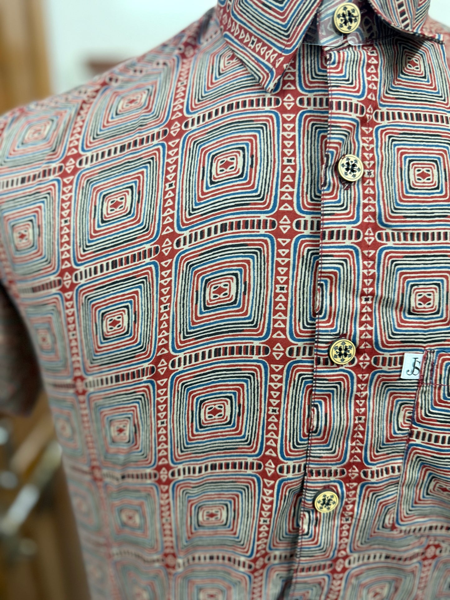 Brown Ajrak Square Printed Mens Half Sleeves Cotton Shirt