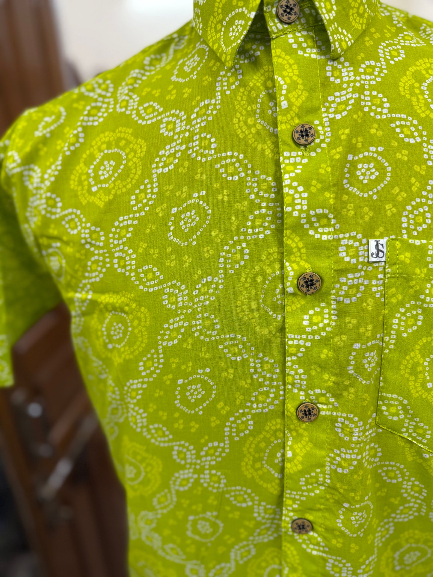 New Lime Bandhani/Bandhej  Printed Mens Half Sleeves Cotton Shirt