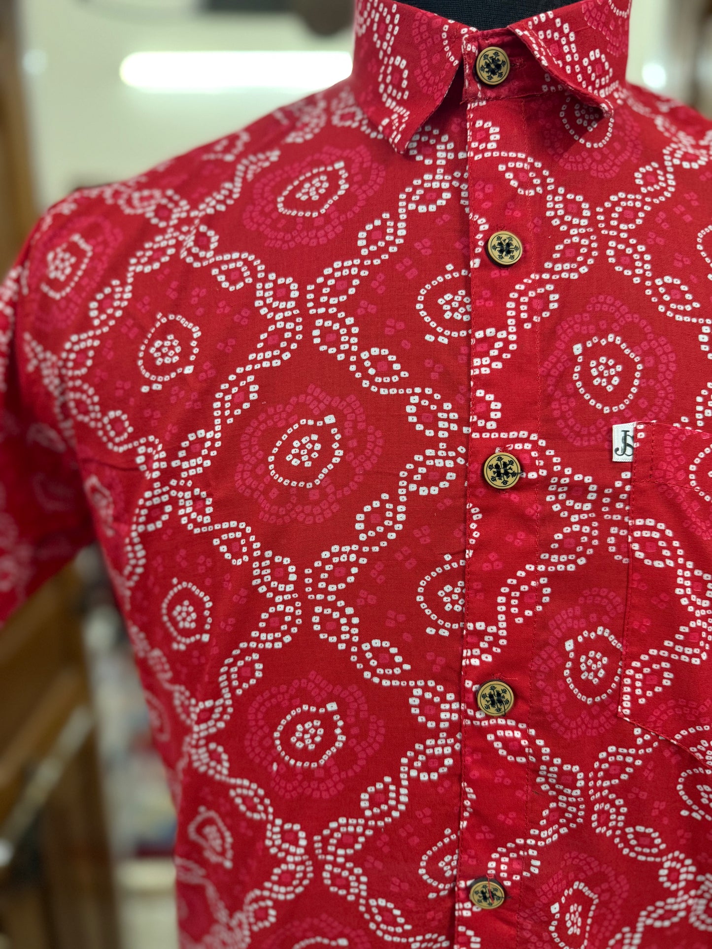 New red Bandhani/Bandhej Printed Mens Half Sleeves Cotton Shirt