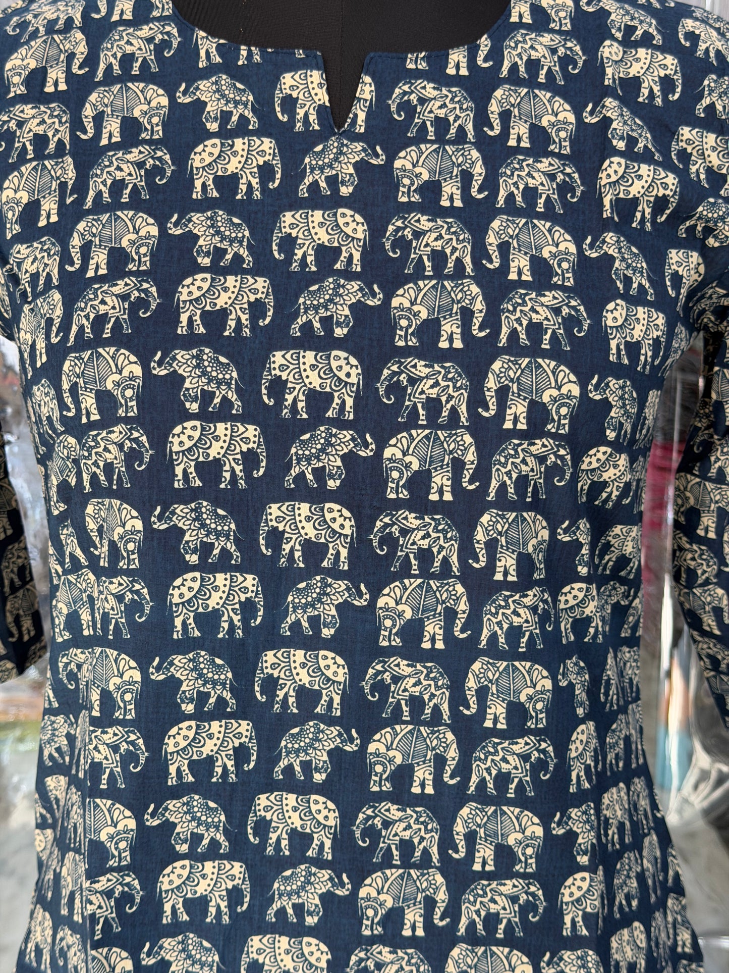 Blue Elephant Print Women's Cotton Short Kurti Top