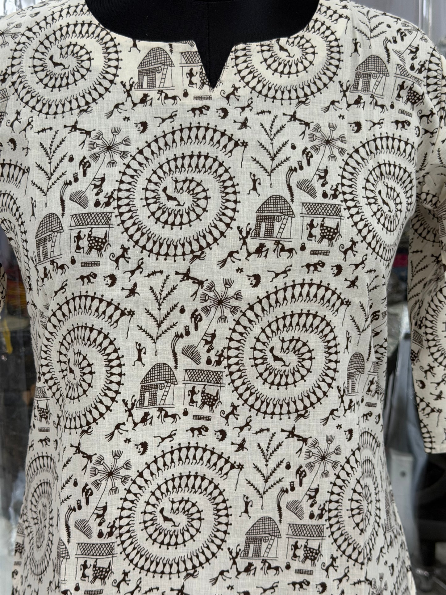 Beige Warli Spiral Print Women's Cotton Short Kurti Top