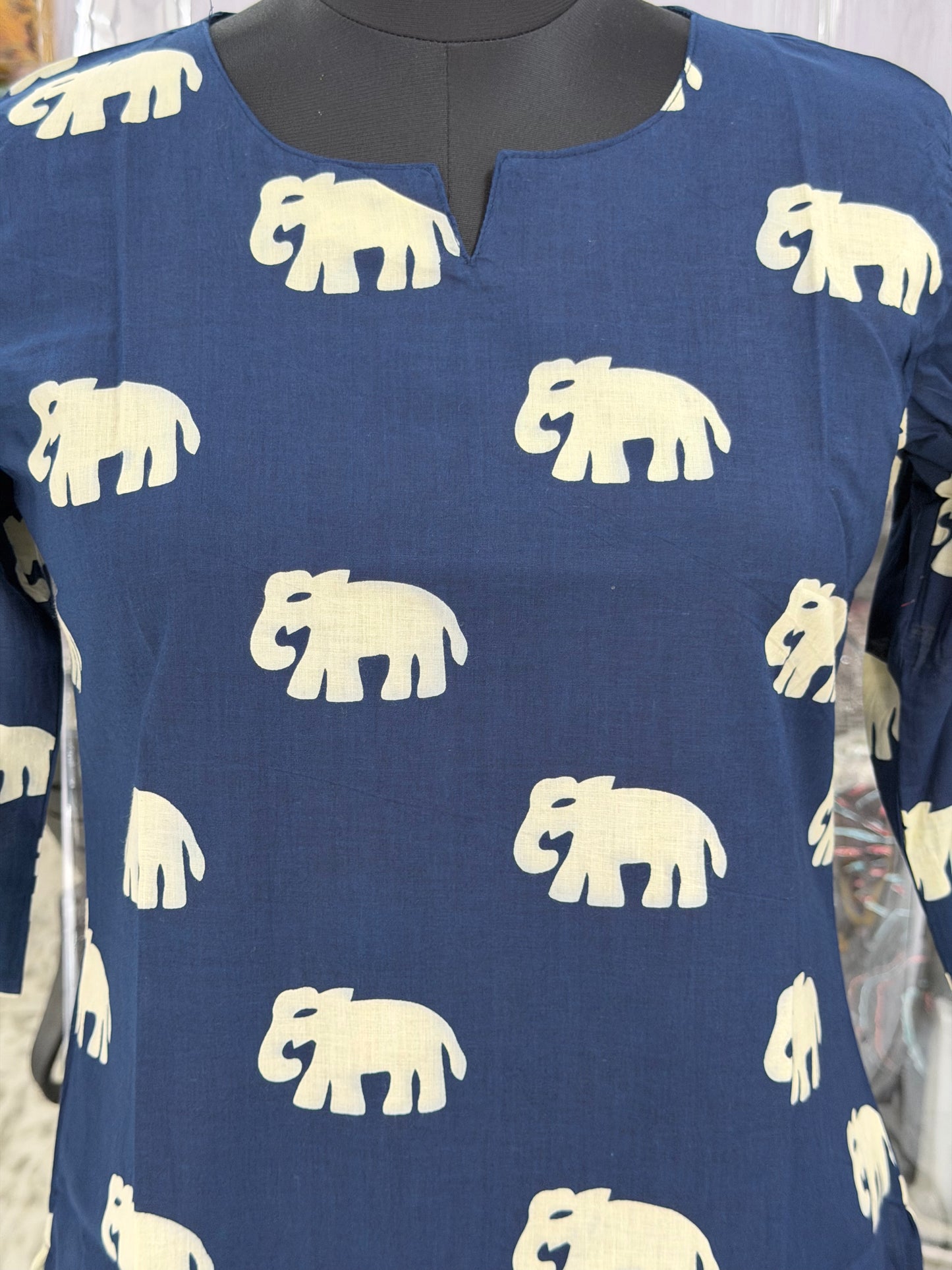 Navy Blue Elephant Print Women's Cotton Short Kurti Top