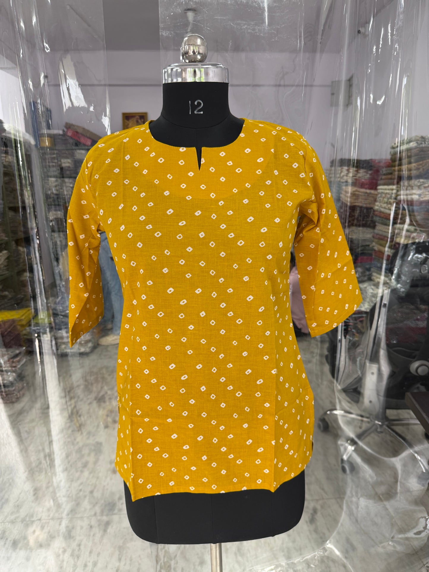 Mustard Bandhani Dot Print Women's Cotton Short Kurti Top