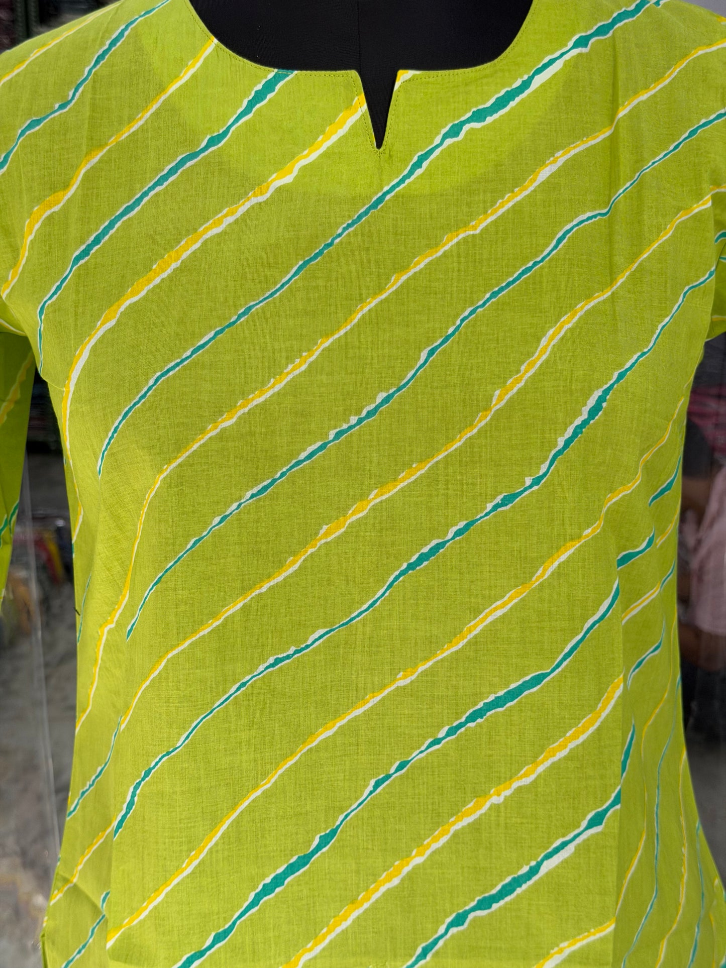 Lime Green Leheriya Printed Women's Cotton Short Kurti Top