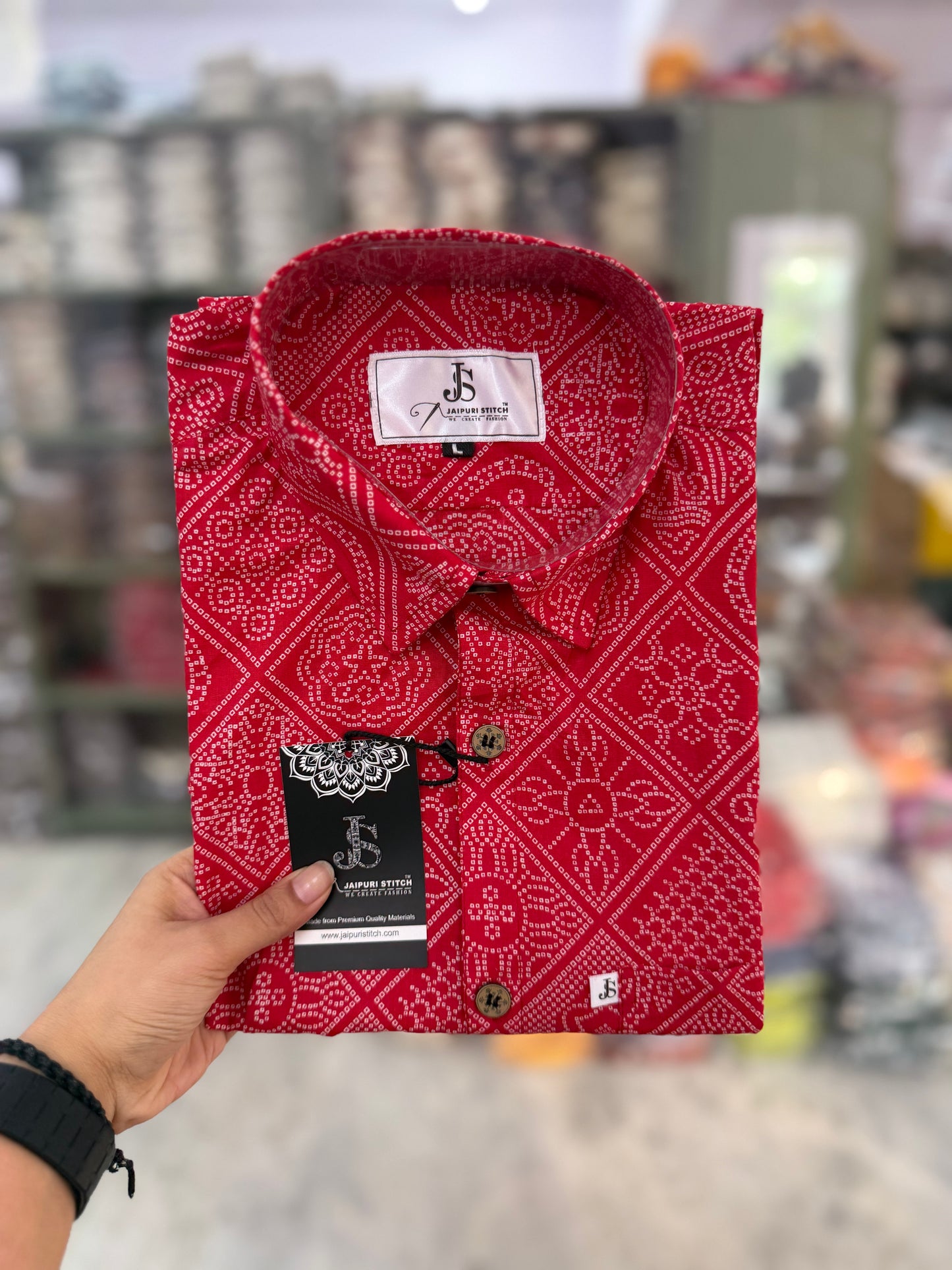Red Figure Bandhej Printed Half Sleeves Cotton Shirt for Men