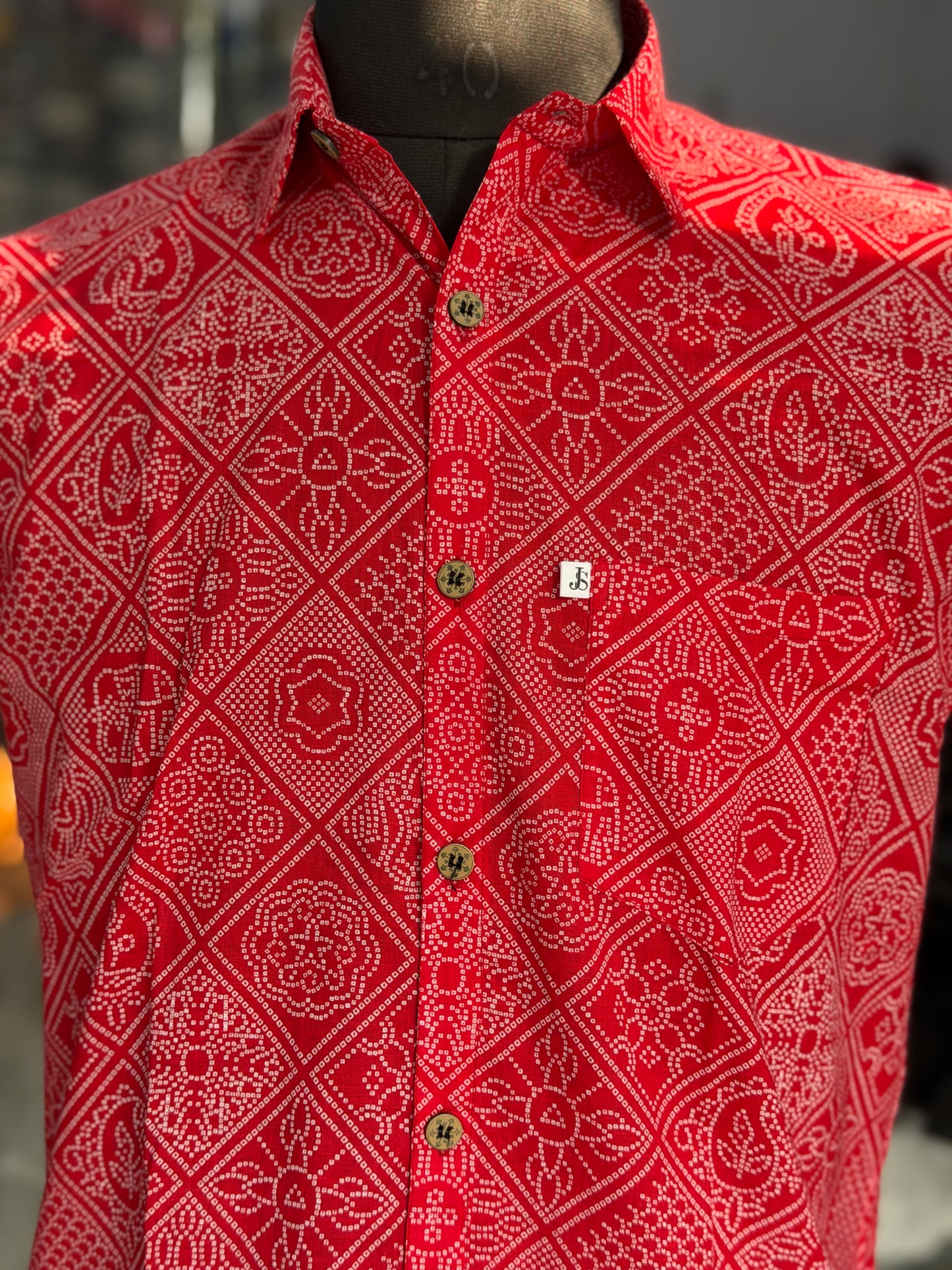 Red Figure Bandhej Printed Half Sleeves Cotton Shirt for Men