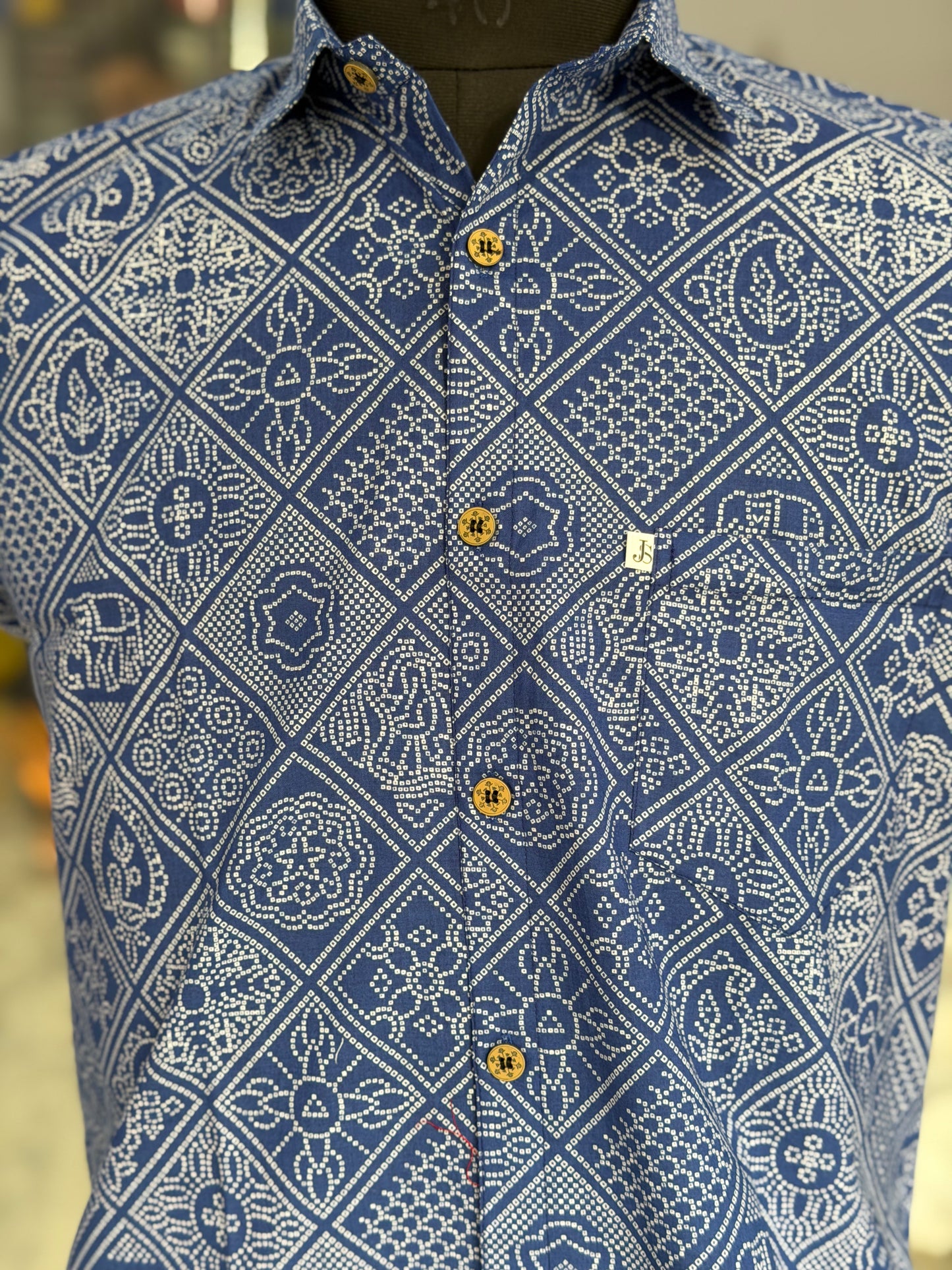 Blue Figure Bandhej Printed Half Sleeves Cotton Shirt for Men