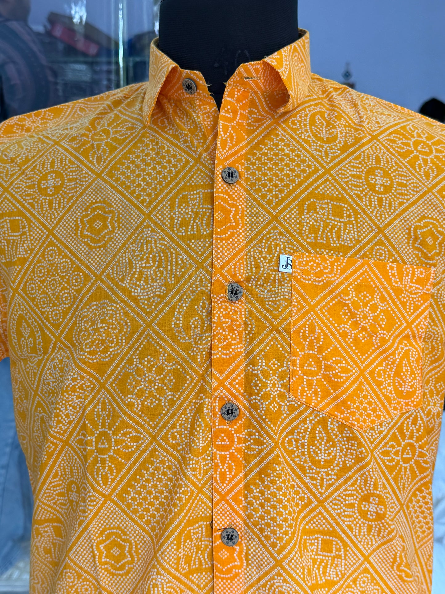 Yellow Figure Bandhej Printed Half Sleeves Cotton Shirt for Men