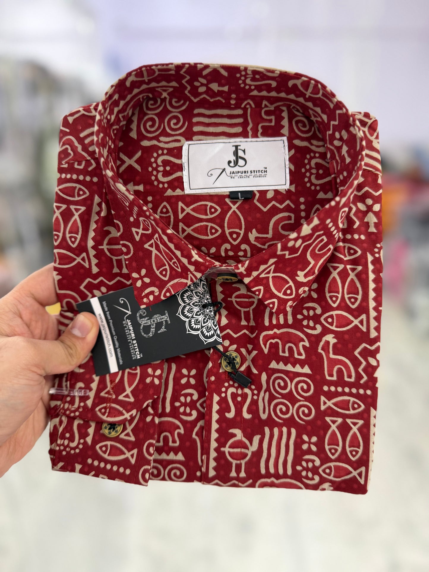 Full Sleeves Rust Red Tribal Symbol Printed Cotton Shirt for Men