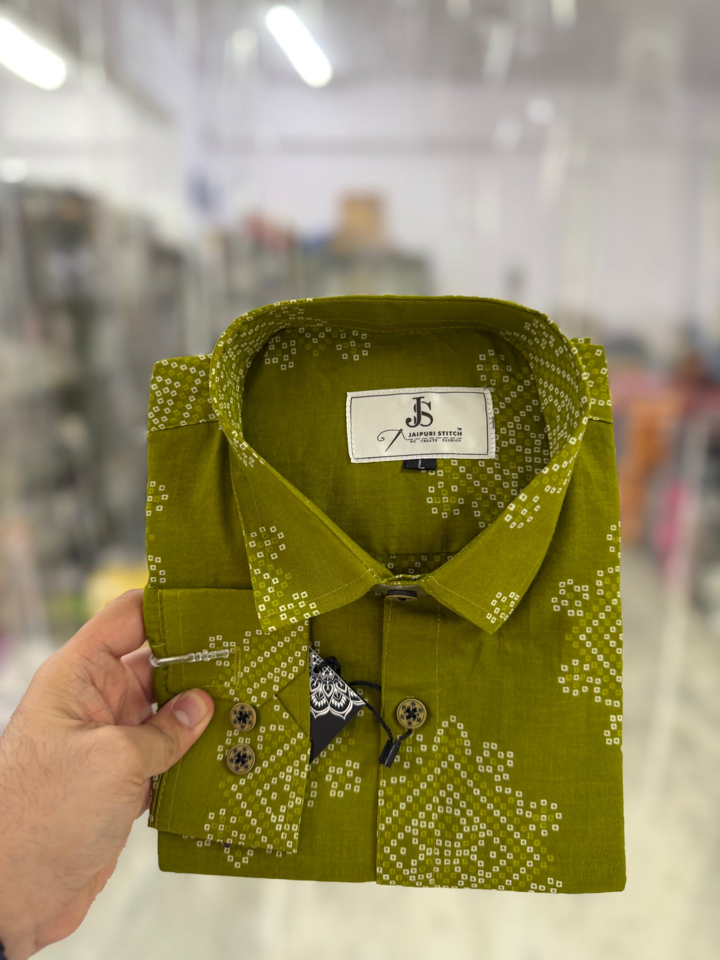 Full Sleeves Mehendi Green Bandhej Printed Cotton Shirt for Men