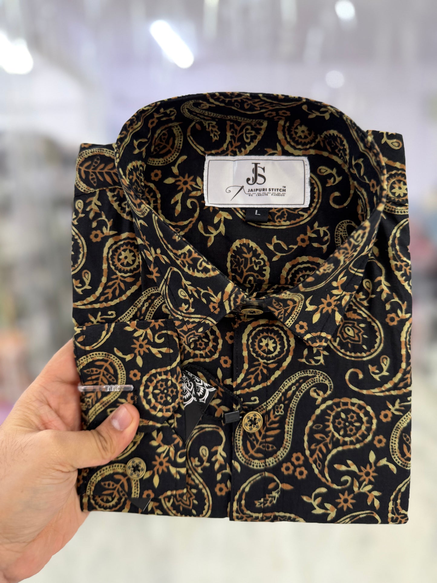 Full Sleeves Black Paisley Printed Cotton Shirt for Men