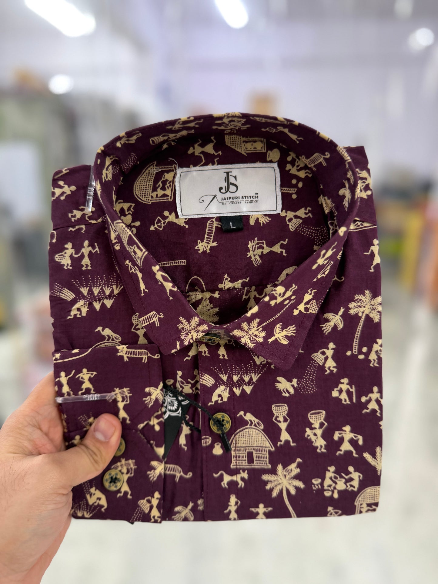 Full Sleeves Wine Purple Warli Art Printed Cotton Shirt for Men