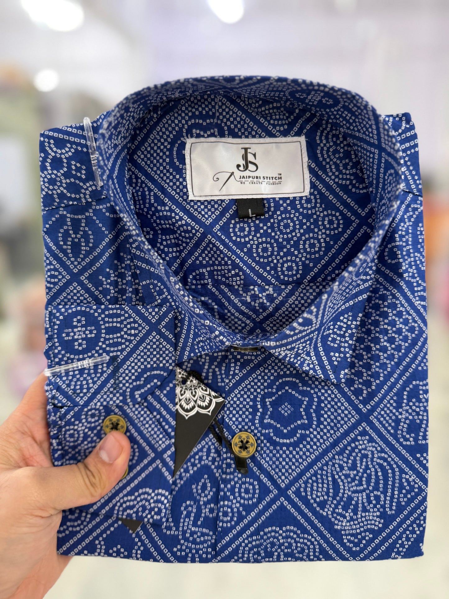 Full Sleeves Blue Figure Bandhej PrintedCotton Shirt for Men