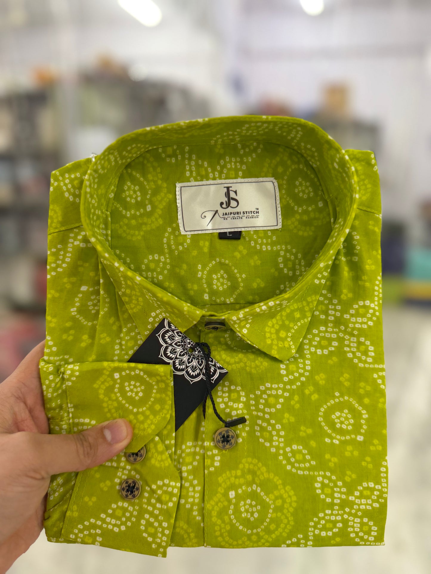 Full Sleeves Lime Bandhej Printed Cotton Shirt for Men