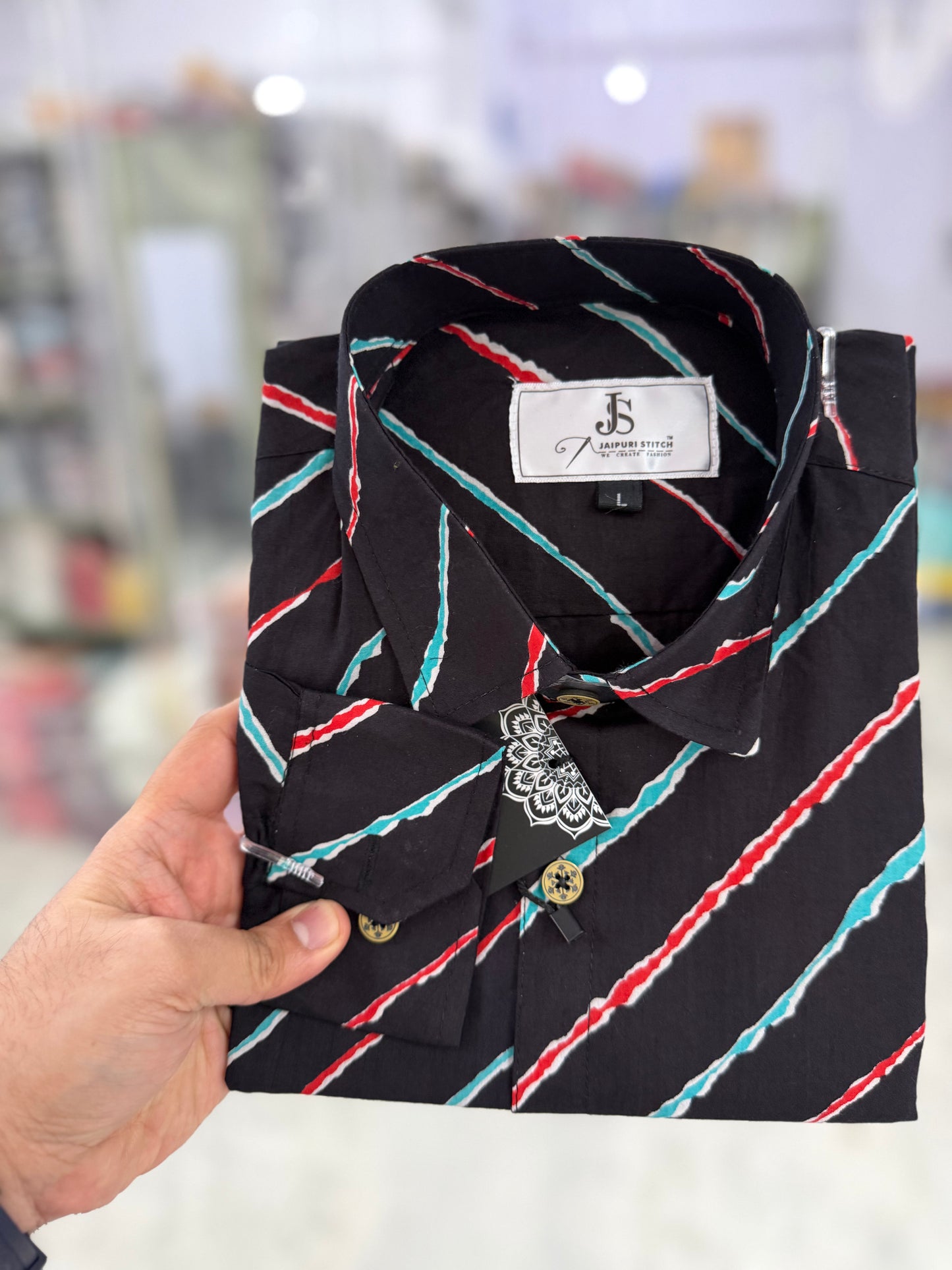 Full Sleeves Black Leheriya Printed Cotton Shirt for Men