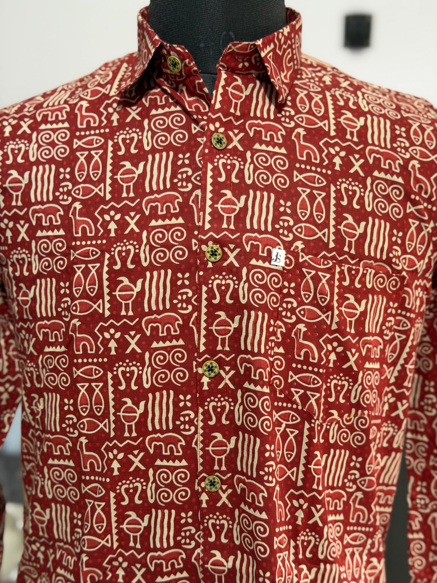 Full Sleeves Rust Red Tribal Symbol Printed Cotton Shirt for Men