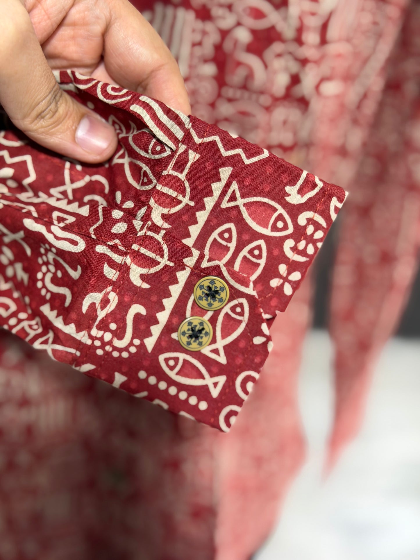 Full Sleeves Rust Red Tribal Symbol Printed Cotton Shirt for Men