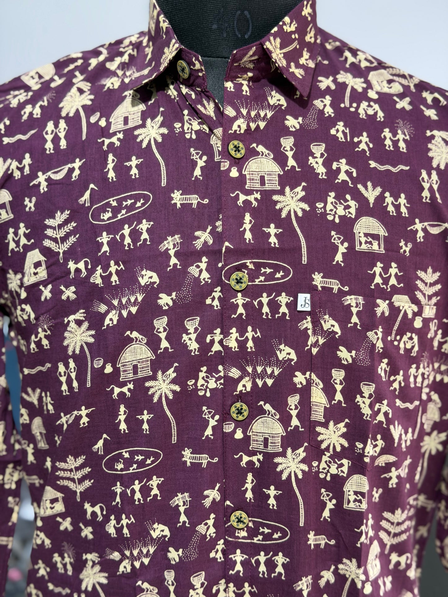 Full Sleeves Wine Purple Warli Art Printed Cotton Shirt for Men