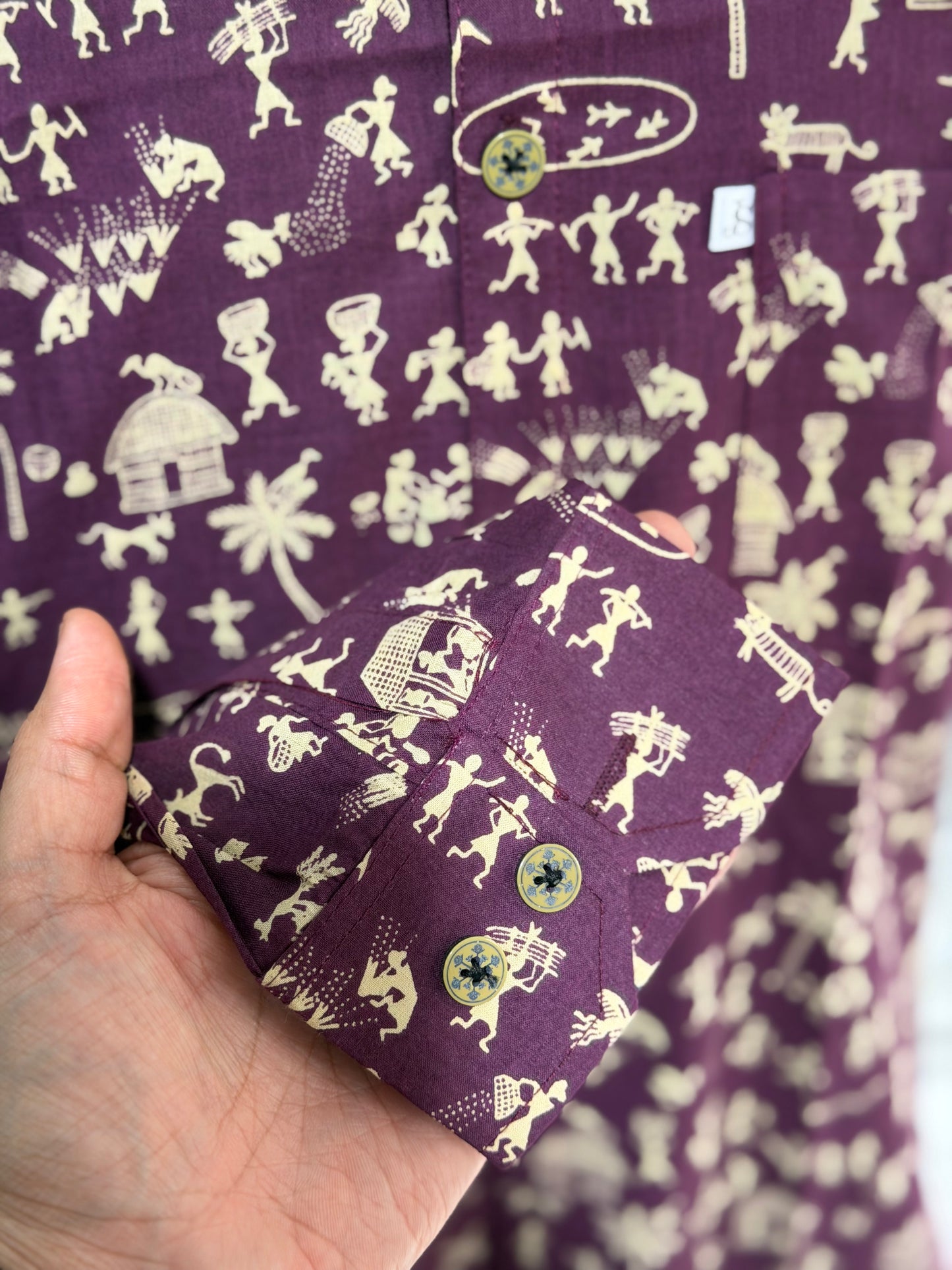 Full Sleeves Wine Purple Warli Art Printed Cotton Shirt for Men