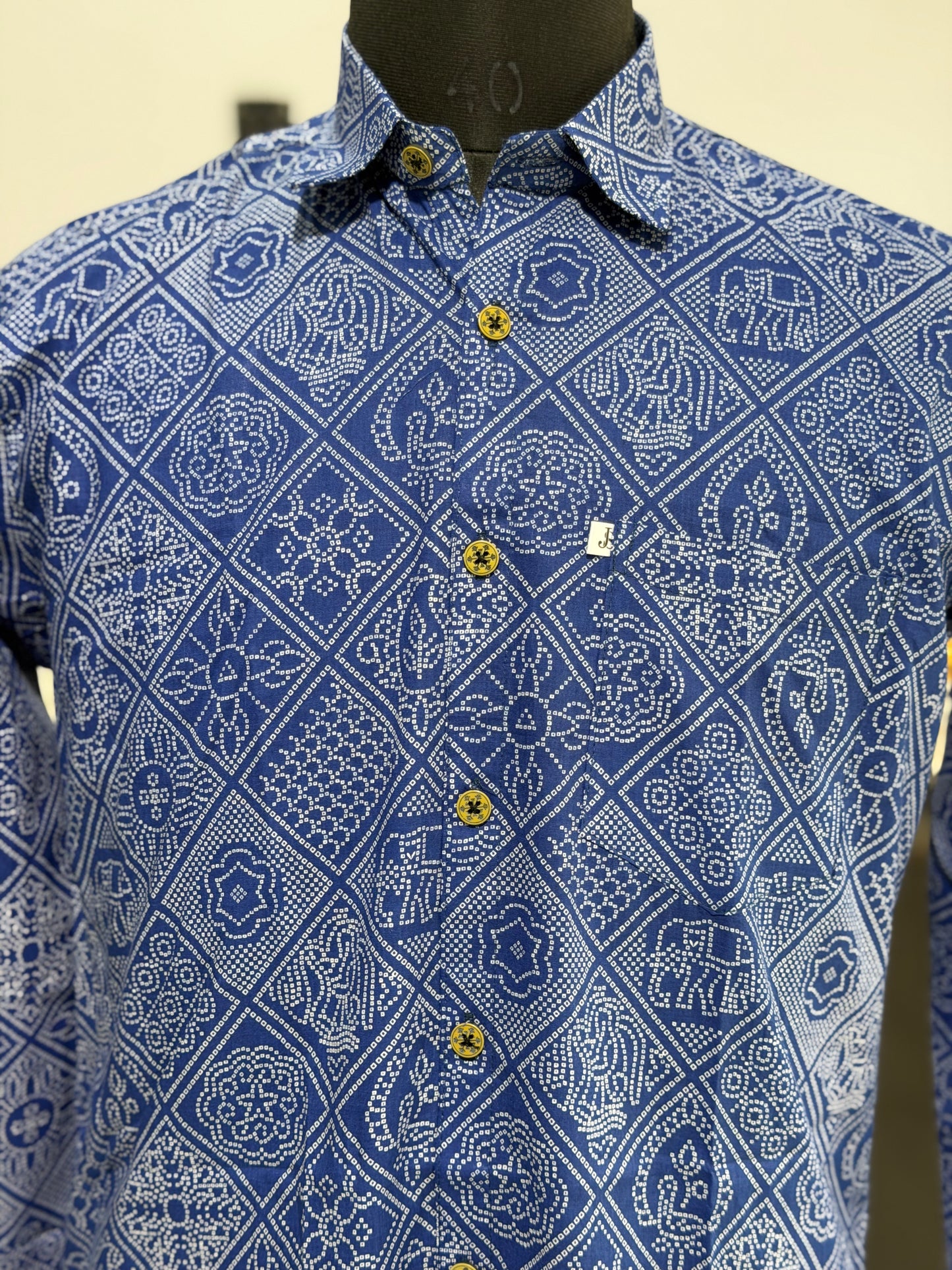 Full Sleeves Blue Figure Bandhej PrintedCotton Shirt for Men