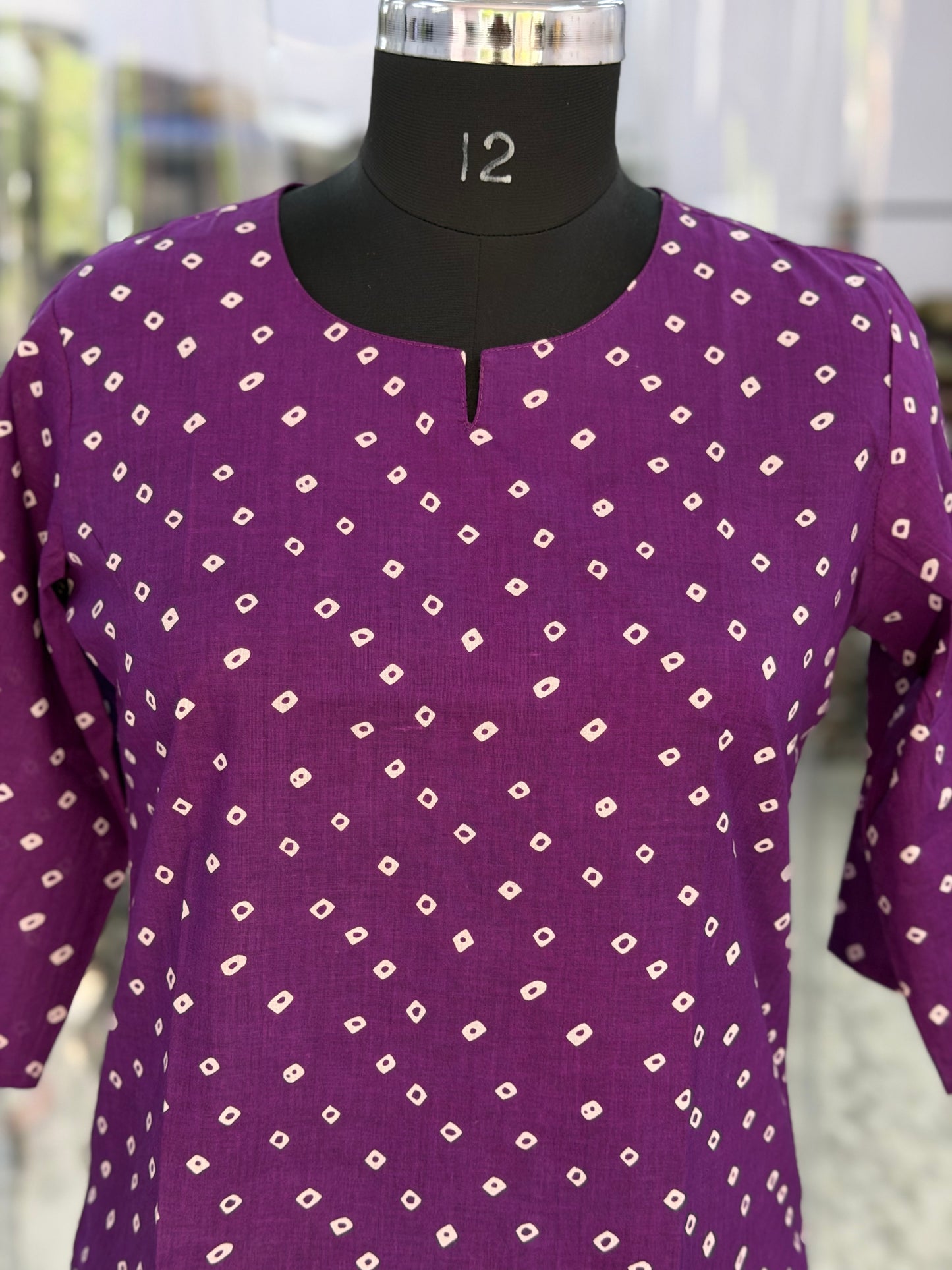 Purple Bandhej Dot Print 3/4 Sleeves Cotton Short Kurti Top for Women